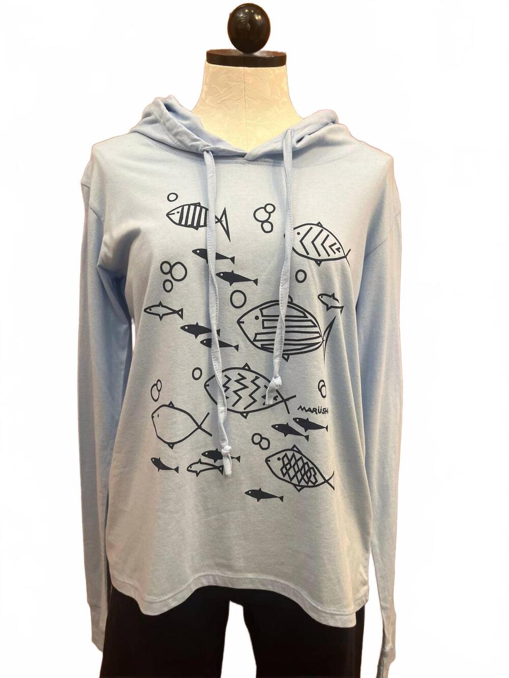NEW MARUSHKA women's long sleeve t-shirt hoodies in navy on sky
